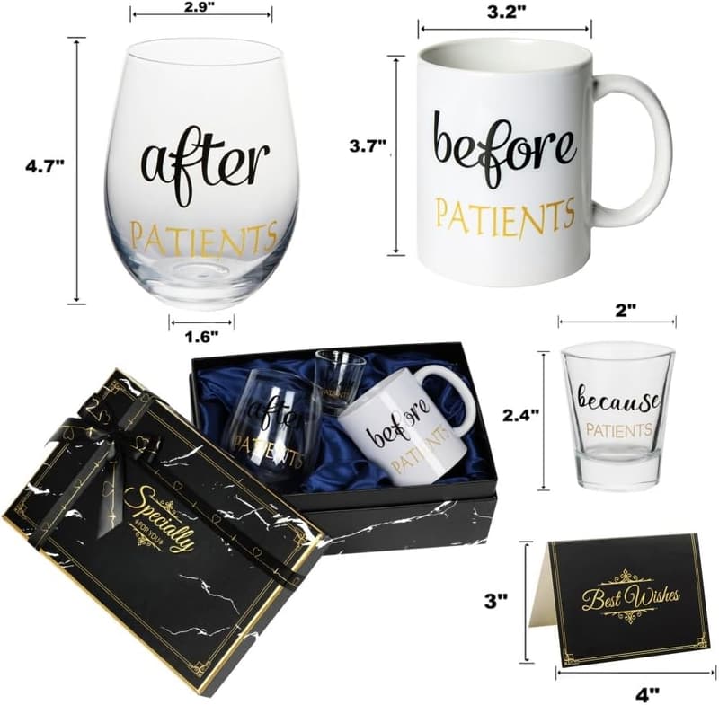 Nurse's Day Gift Set: Black Coffee Mug, Wine Glass & Shot Glass