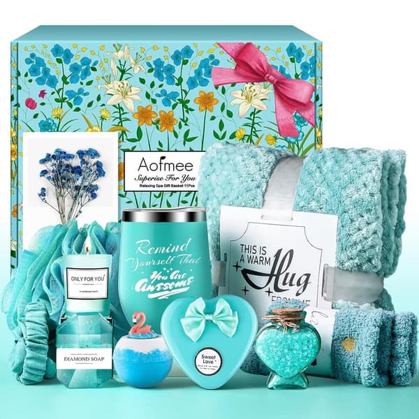 Care Package Gift Set for Women - Luxury Flannel Blanket & Spa Basket
