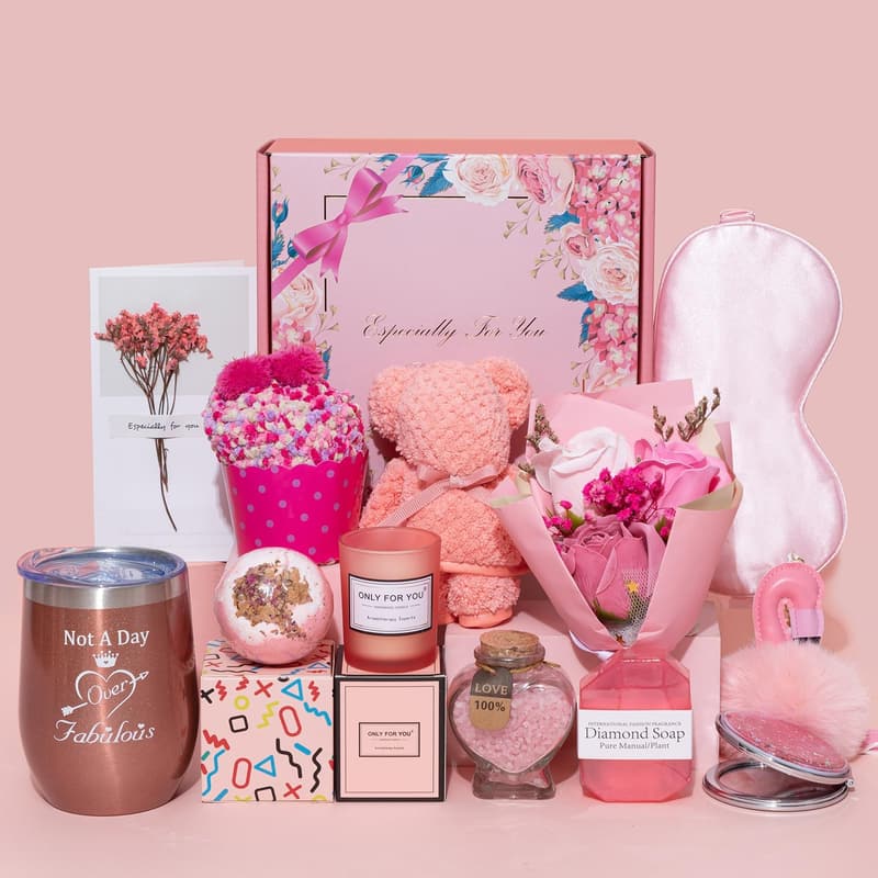 Women’s Birthday Gift Basket - Unique Pink Self-Care Set