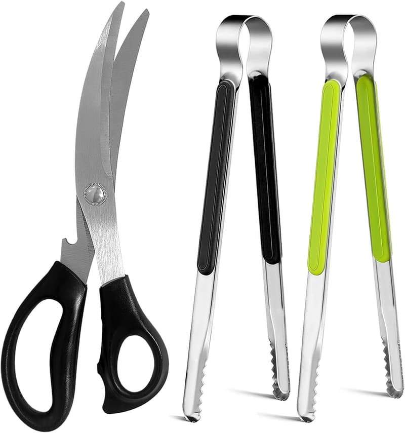 Stainless Steel BBQ Scissors & Tongs Set for Meat & Vegetables