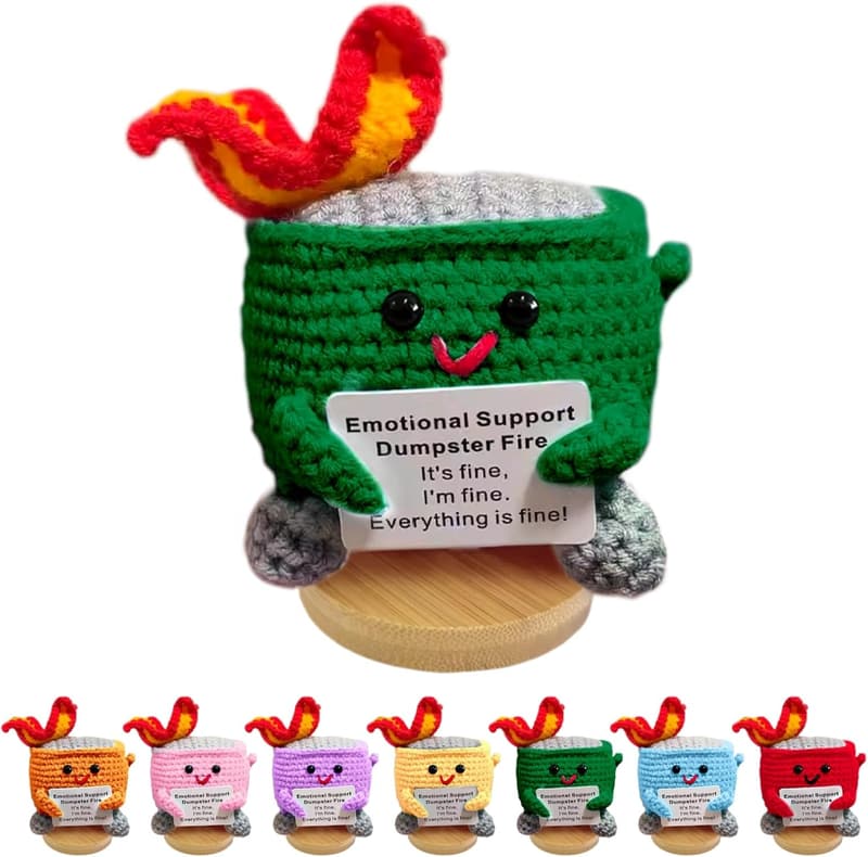 Handmade Crochet Dumpster Fire Doll with Positive Card