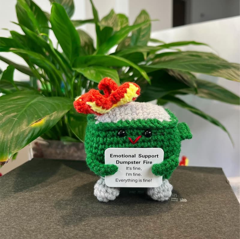 Handmade Crochet Dumpster Fire Doll with Positive Card