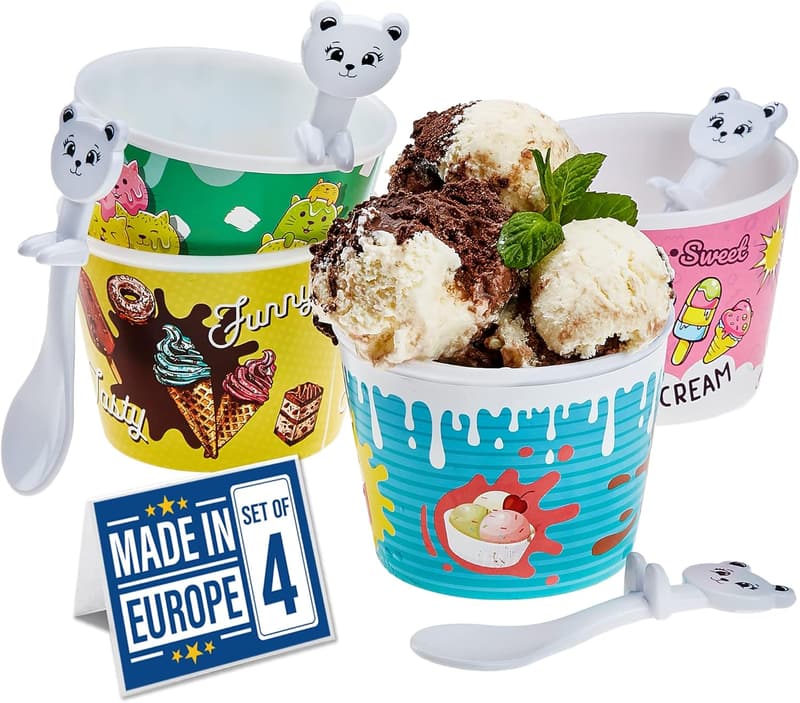 Colorful Plastic Sundae Bowls with Spoons - Set of 4