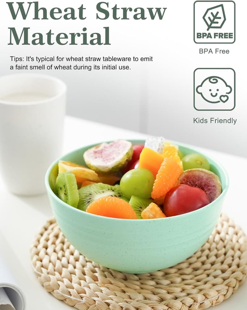 Reusable 26 oz Wheat Straw Bowls Set of 8 - BPA Free, Microwavable