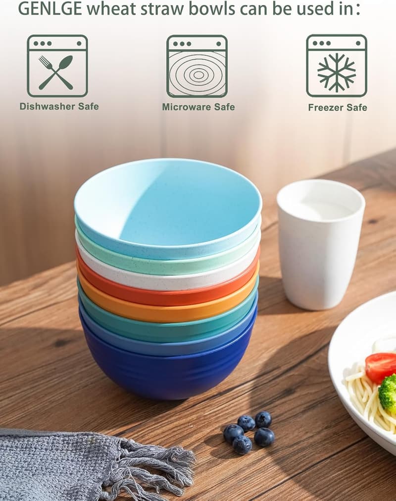 Reusable 26 oz Wheat Straw Bowls Set of 8 - BPA Free, Microwavable