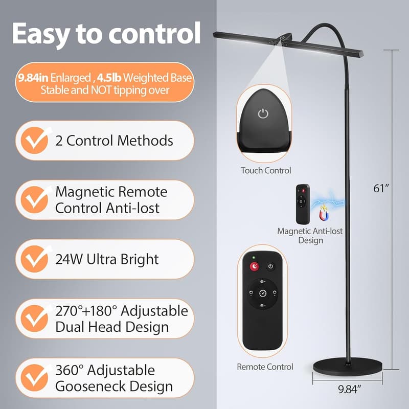 24W Dual Head LED Floor Lamp with Remote for Crafting