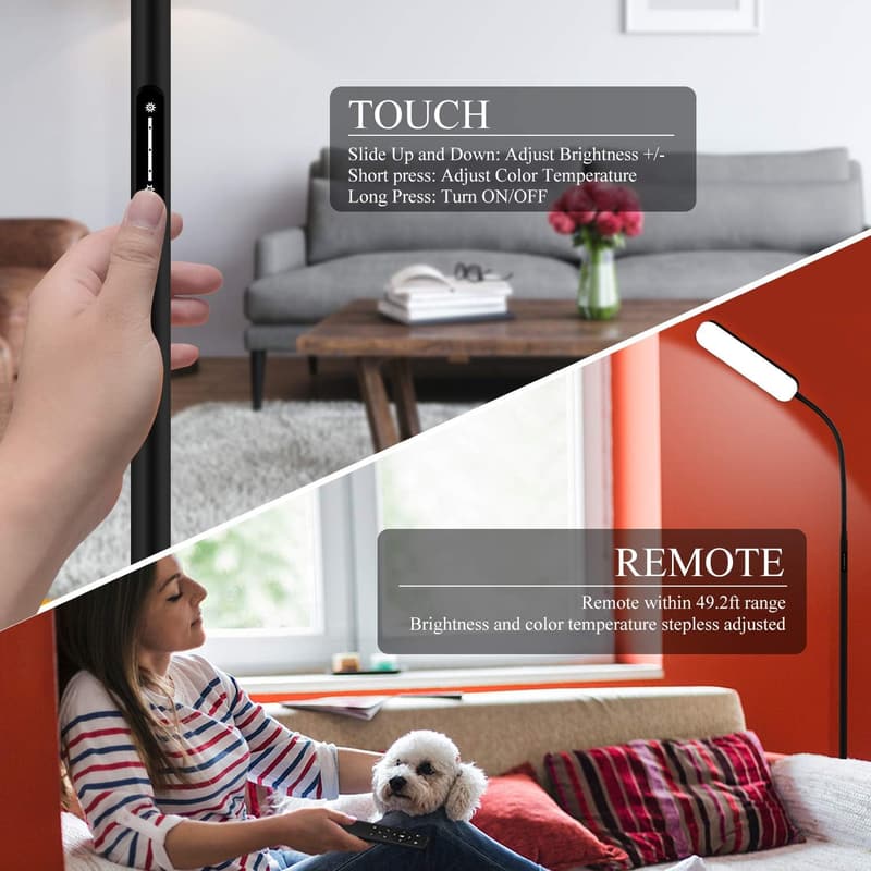 LED Floor Lamp with Remote & Touch Control - Adjustable Gooseneck, Eye-Caring Light.