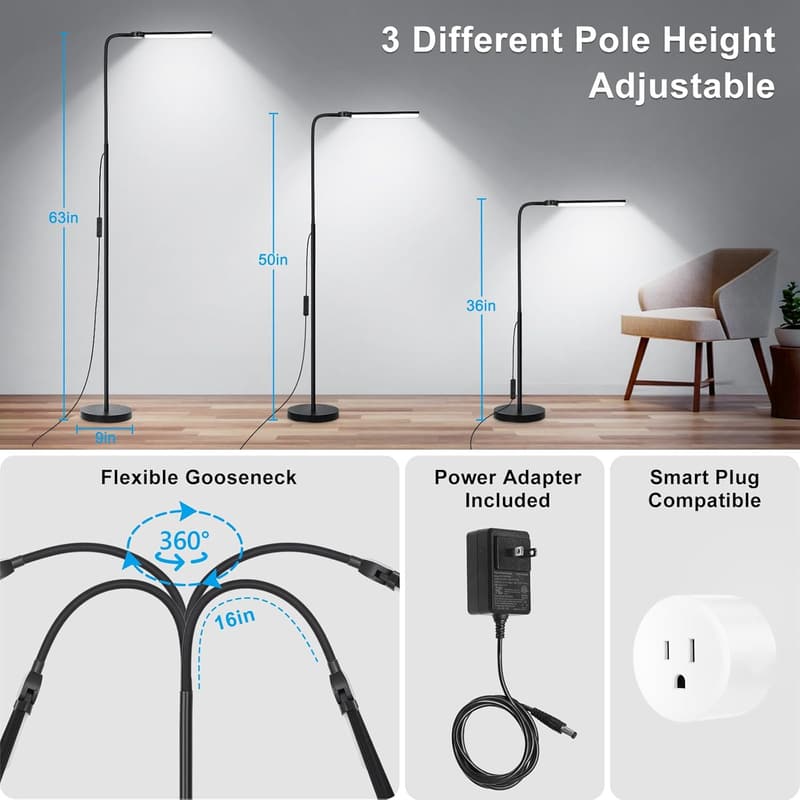 Adjustable LED Floor Lamp - 15W Dimmable Light for Office & Crafts
