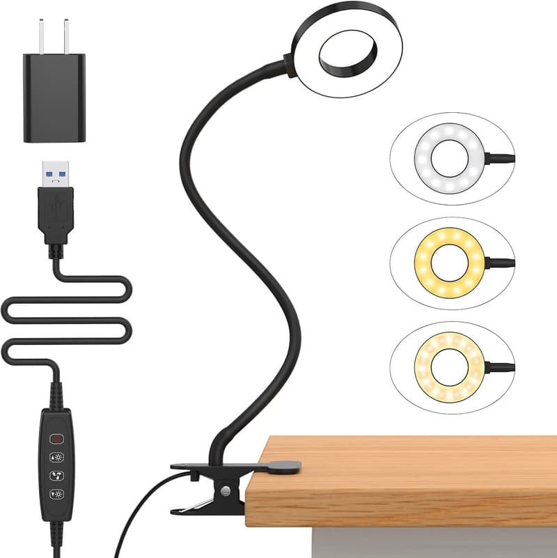 LED Desk Lamp with Clip, 3 Color Modes & 10 Brightness Levels