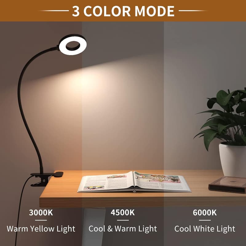 LED Desk Lamp with Clip, 3 Color Modes & 10 Brightness Levels