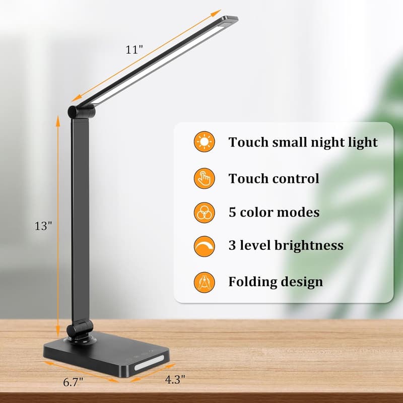 Touch LED Desk Lamp with USB Ports, 5 Color Modes, Black