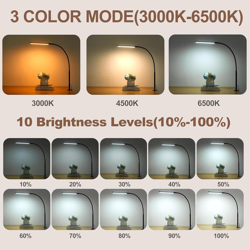 Flexible LED Desk Lamp with Clamp, 3 Modes & Memory Function
