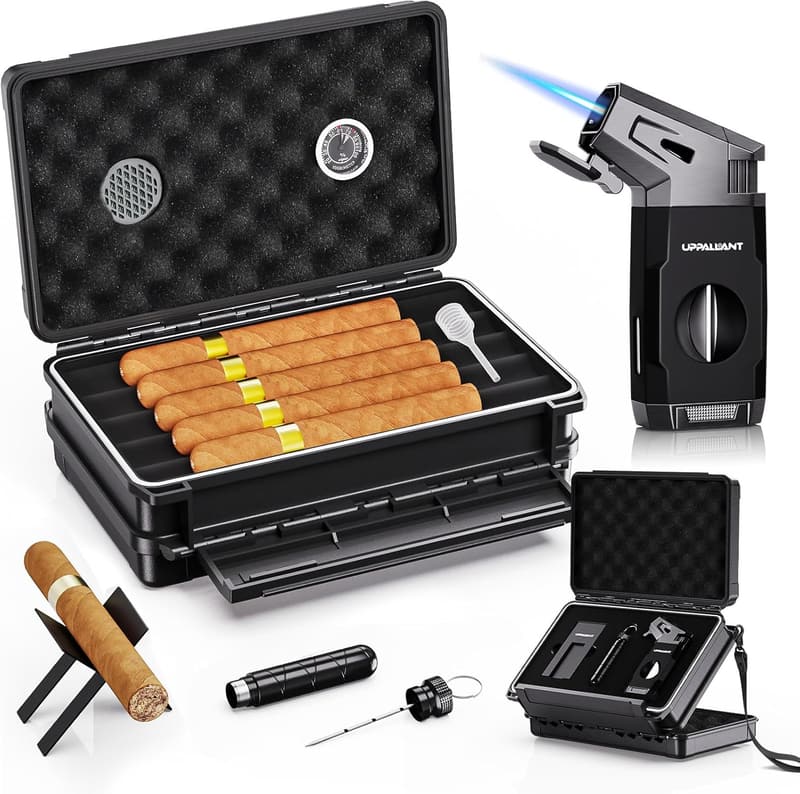 Men's Travel Cigar Humidor Set with Built-in Lighter & Cutter
