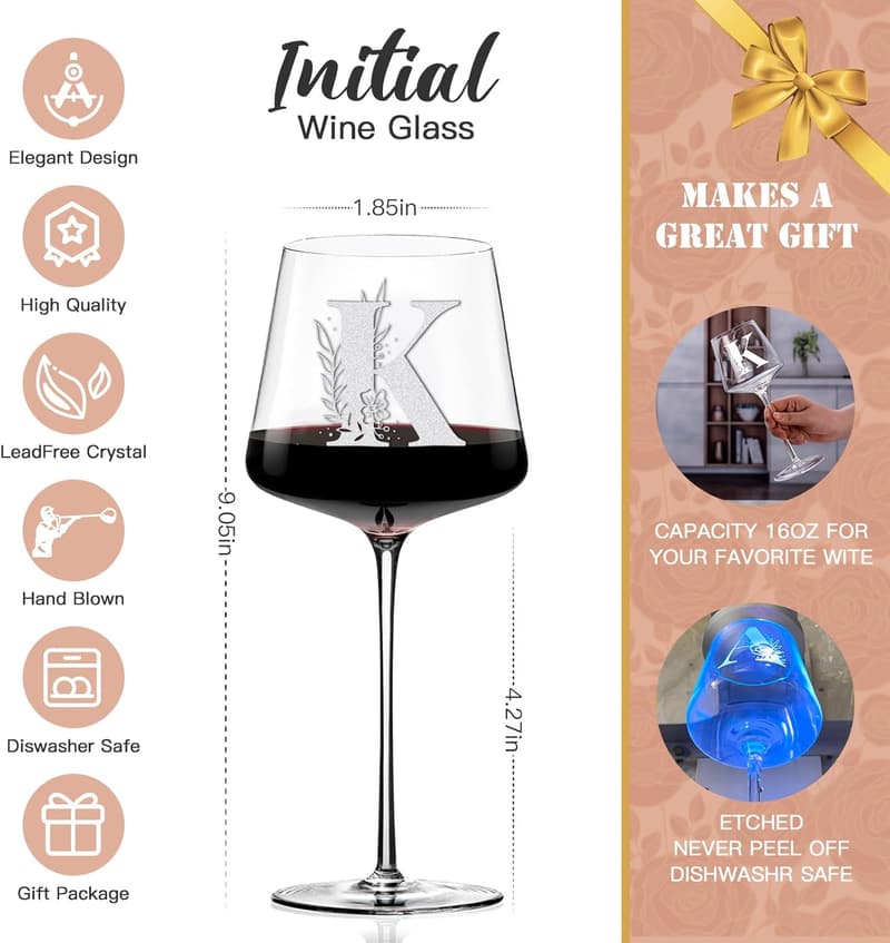 Personalized Etched Wine Glass - Custom Initial Monogram for Women