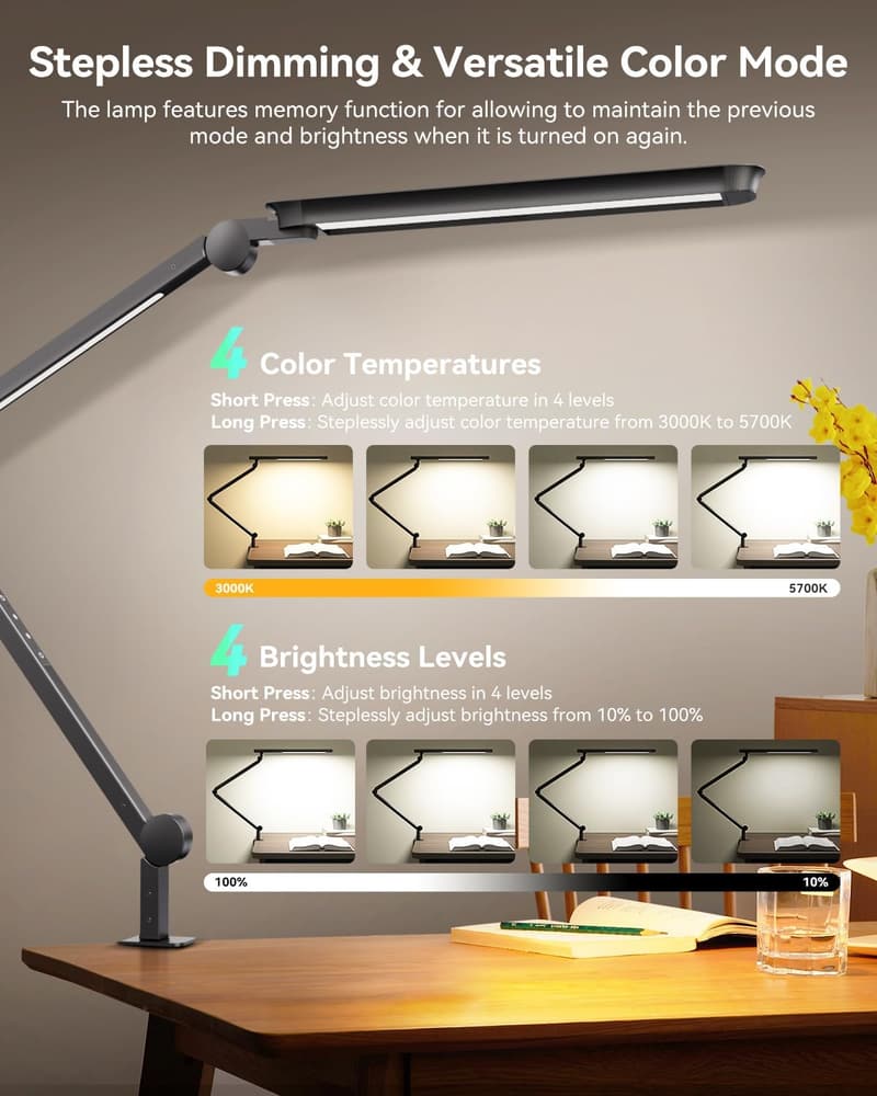 Flexible LED Desk Lamp with Clamp & Remote, 4 Color Modes