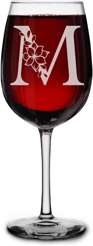 Engraved Floral Monogram Wine Glass - Custom Birthday Gift for Her