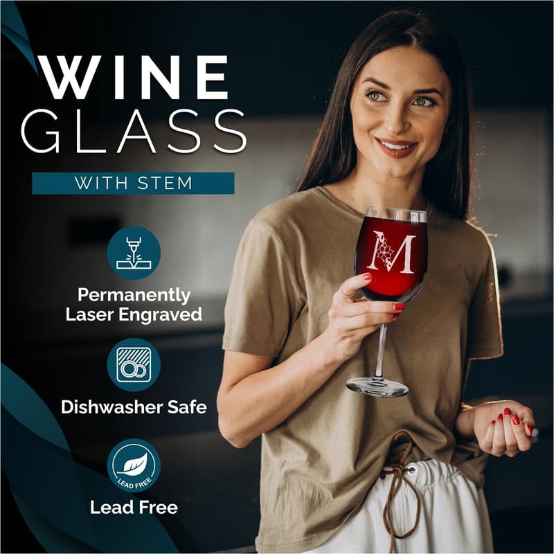 Engraved Floral Monogram Wine Glass - Custom Birthday Gift for Her