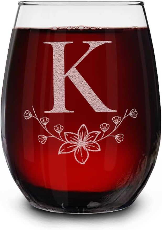 Personalized Floral Monogram Stemless Wine Glass 15 oz.