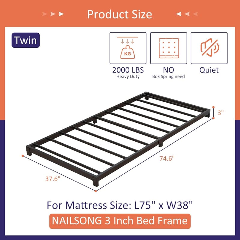 Twin Low Profile Metal Bed Frame, No Box Spring Needed, Black