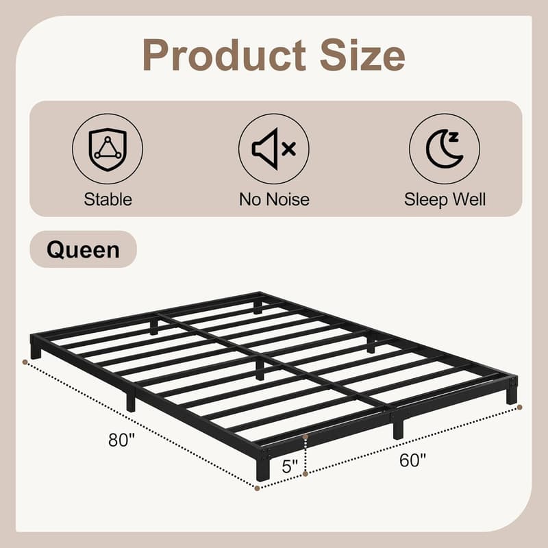 Low Profile Black Queen Bed Frame - Heavy Duty, Easy Assembly