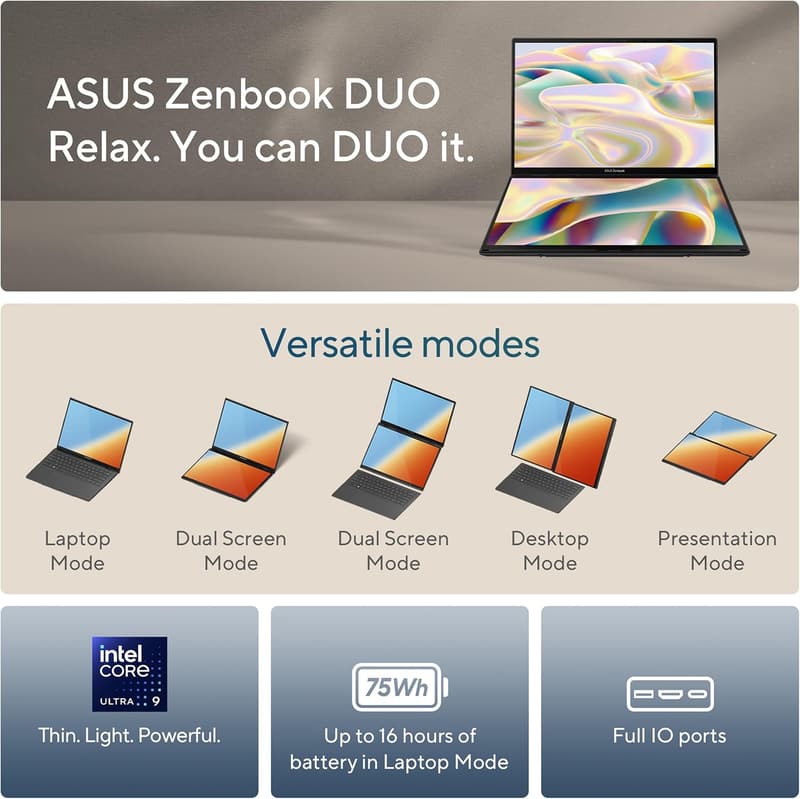 ASUS Zenbook Duo 14” OLED Laptop, Intel Core Ultra 9, 32GB RAM