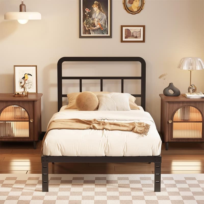 Heavy-Duty Metal Twin Bed Frame with Headboard - Black