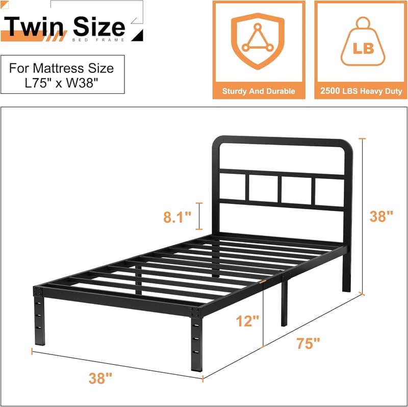 Heavy-Duty Metal Twin Bed Frame with Headboard - Black