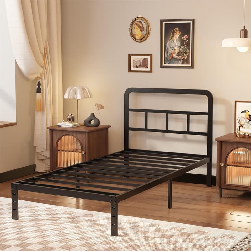 Heavy-Duty Metal Twin Bed Frame with Headboard - Black