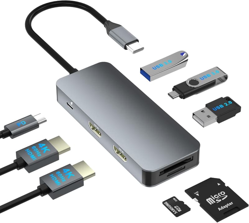 Dual Monitor HDMI Adapter with 4K 60Hz for USB-C Laptops