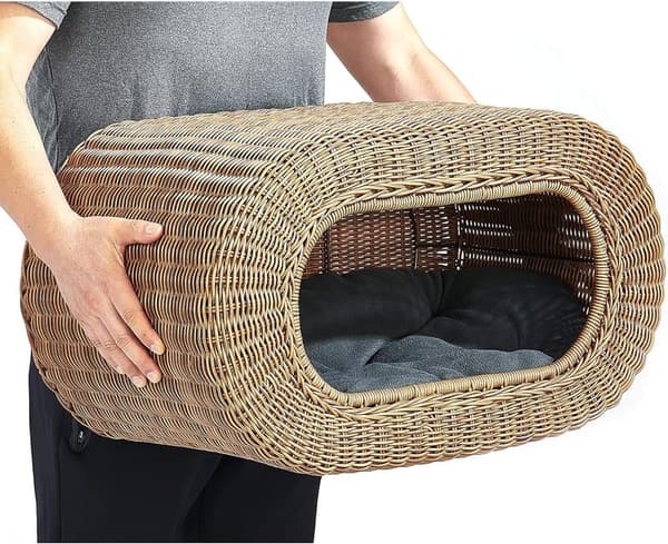 Interactive Stackable Cat Condo - Faux Rattan with Enclosed Bed