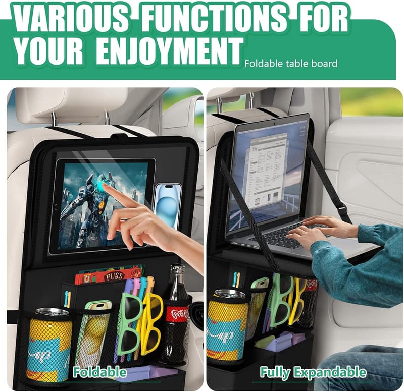 Backseat Organizer with Tablet Holder & Food Tray - Travel Accessory