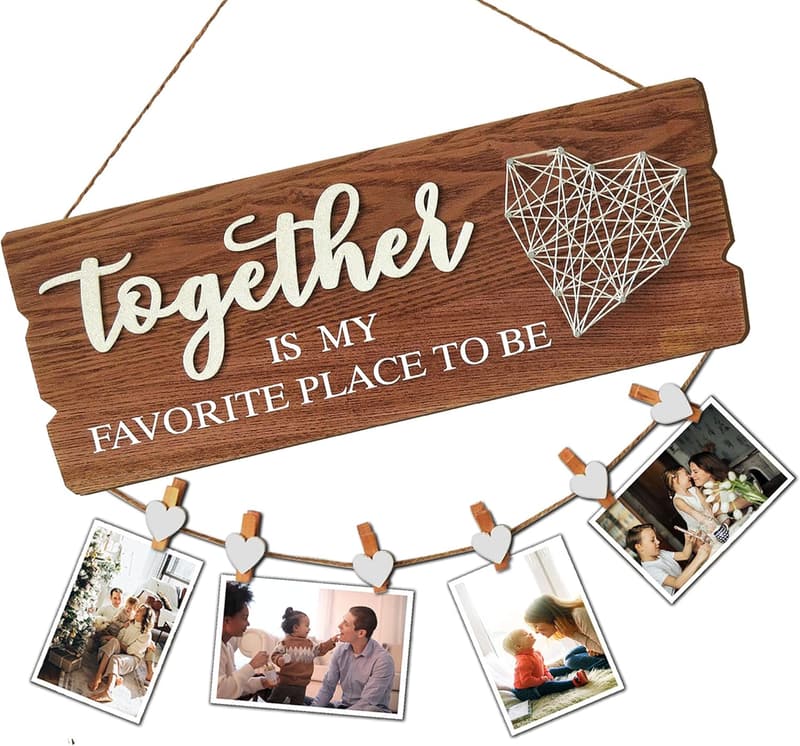 New Home Sign Decor - Family Picture Frame with 6 Heart Clips