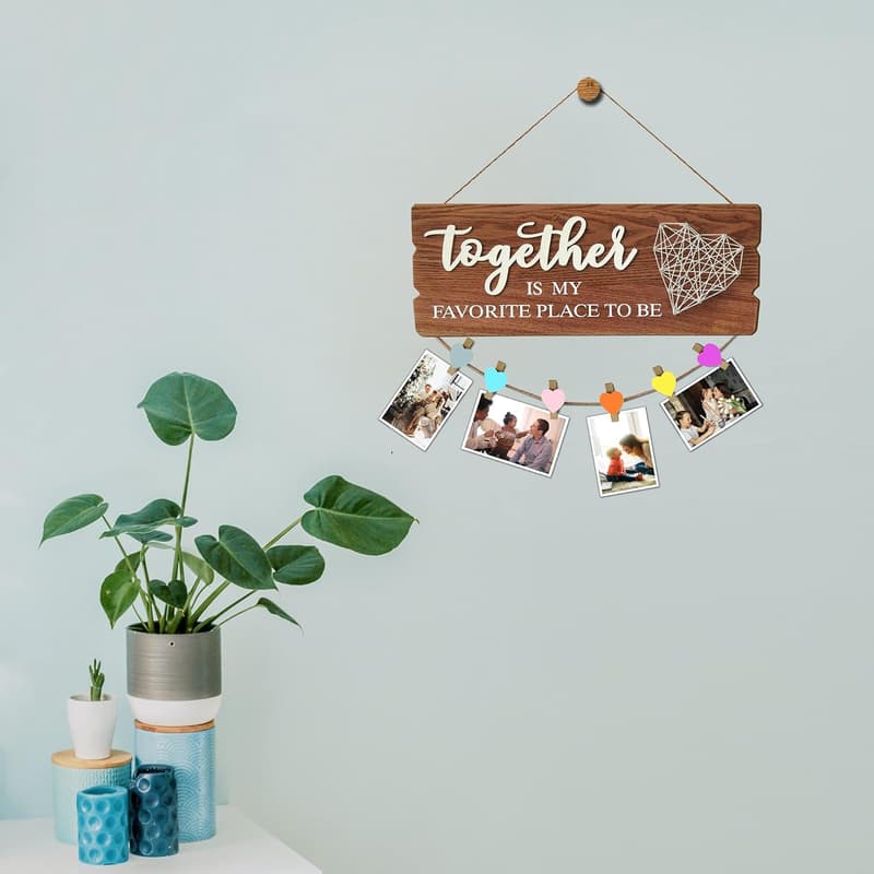 New Home Sign Decor - Family Picture Frame with 6 Heart Clips