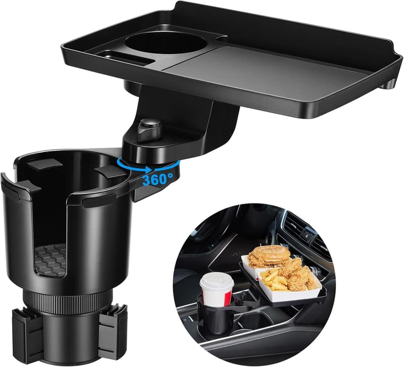 Car Cup Holder Tray with Phone Slot & 360° Rotation