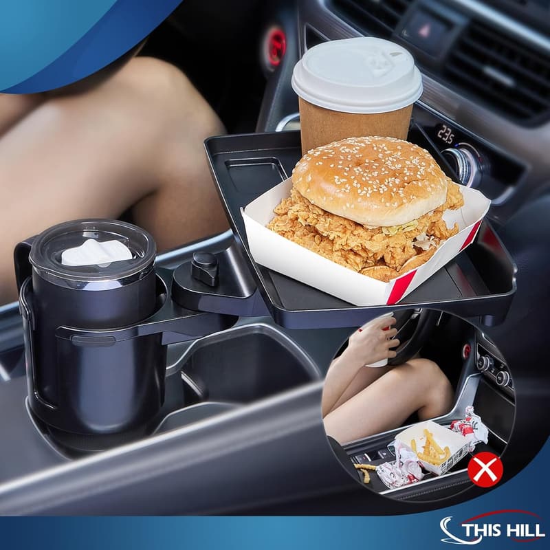 Car Cup Holder Tray with Phone Slot & 360° Rotation