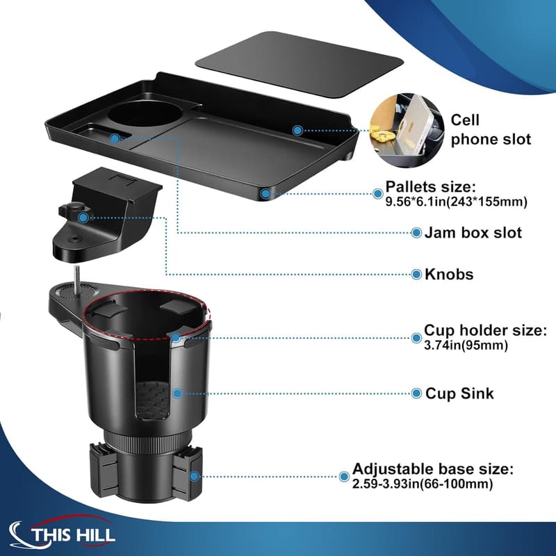 Car Cup Holder Tray with Phone Slot & 360° Rotation