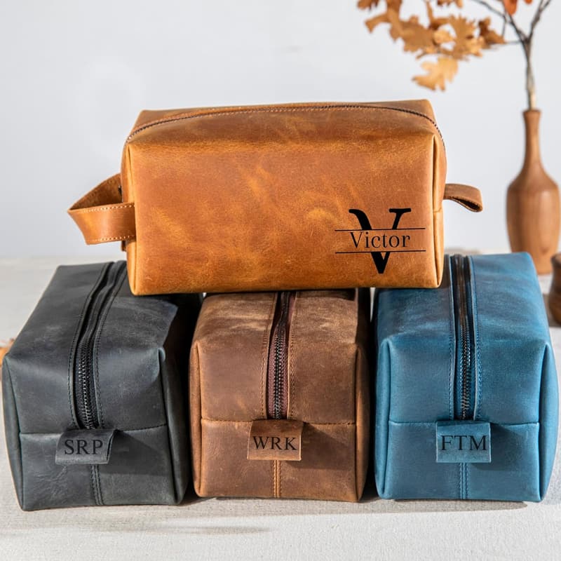 Personalized Leather Dopp Kit for Men - Engraved Travel Bag