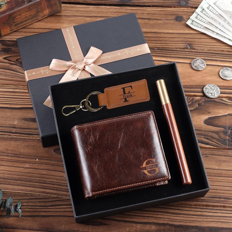 Personalized Leather Wallet Gift Set for Father's Day