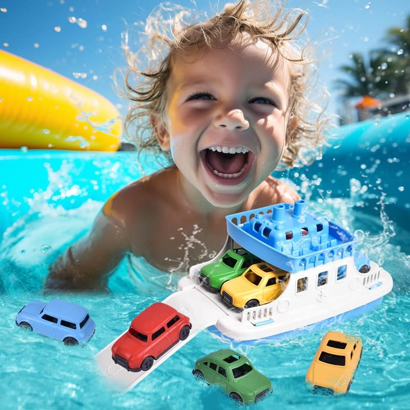 Ferry Boat Bath Toy Set with 4 Mini Cars for Toddlers