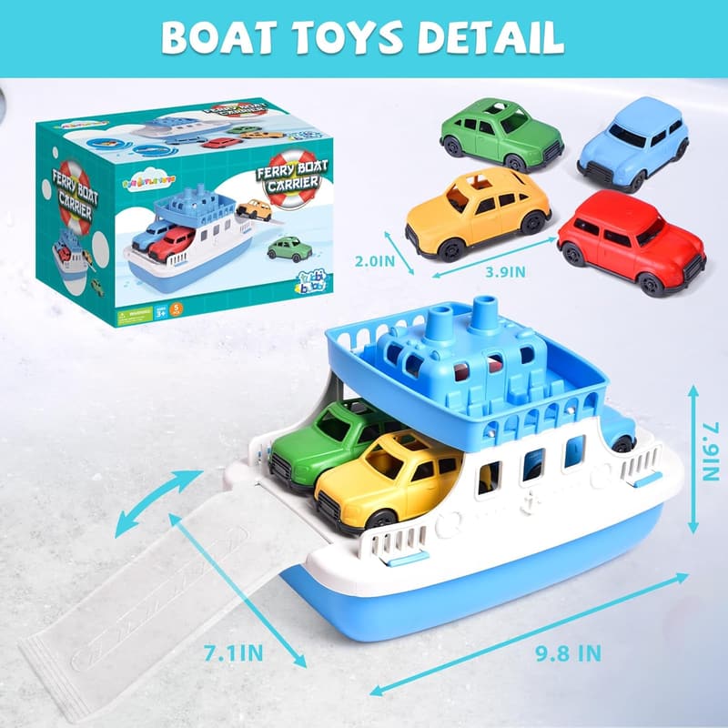 Ferry Boat Bath Toy Set with 4 Mini Cars for Toddlers