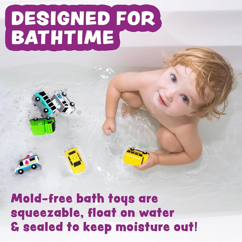 Vehicle Bath Toys 6-Pack – Soft, Squeezable & Mold-Free