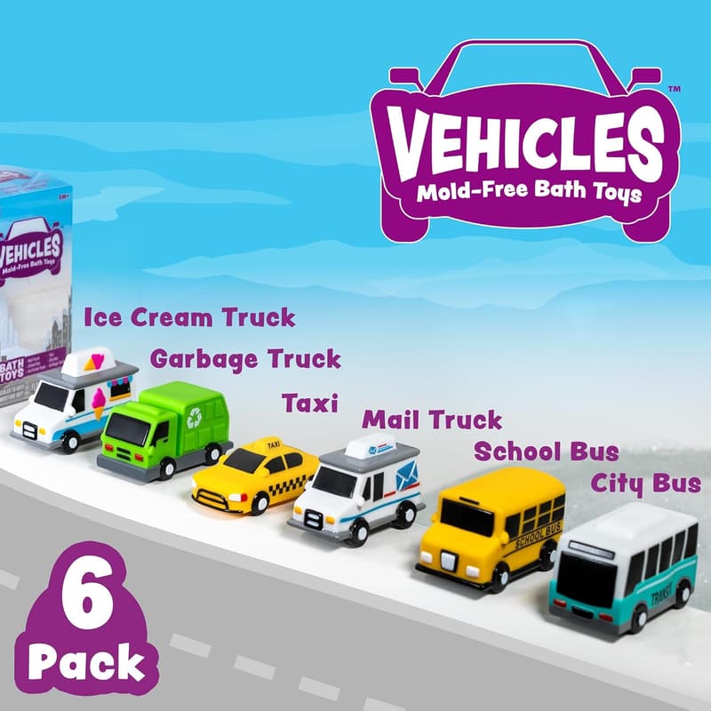 Vehicle Bath Toys 6-Pack – Soft, Squeezable & Mold-Free