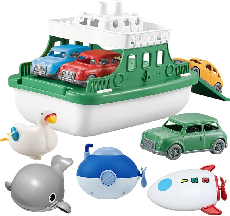 Floating Ferry Boat Toy Set with 4 Cars & Wind-Up Vehicles