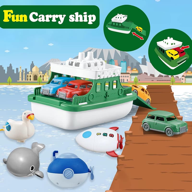 Floating Ferry Boat Toy Set with 4 Cars & Wind-Up Vehicles