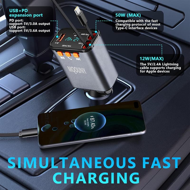 5-in-1 Fast Car Charger with Bluetooth FM Transmitter (Black)