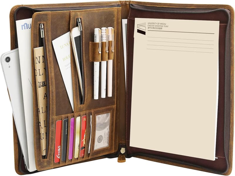 Brown Genuine Leather Business Portfolio with Zipper