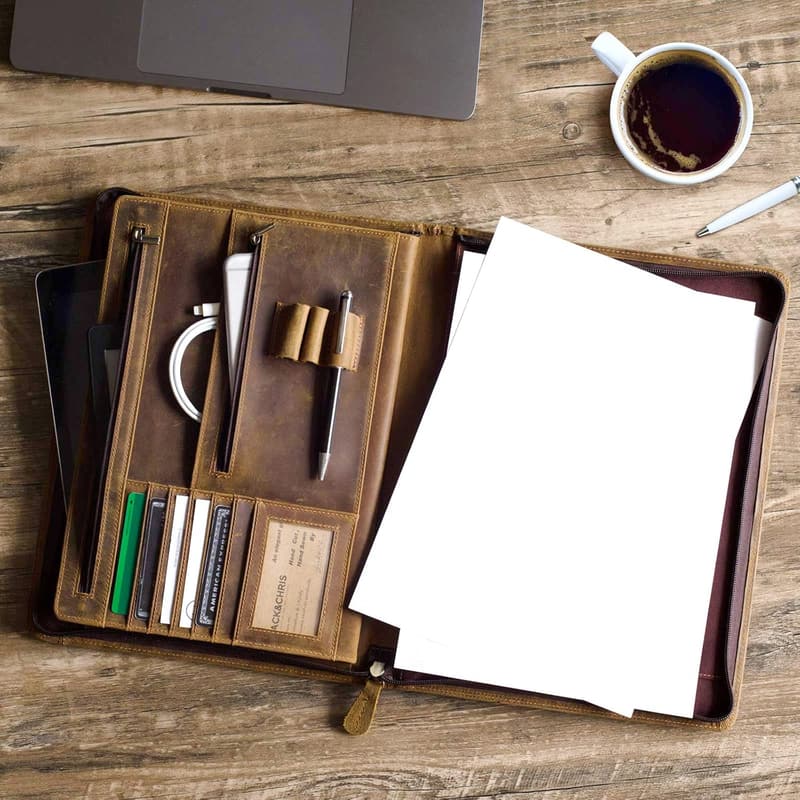 Brown Genuine Leather Business Portfolio with Zipper
