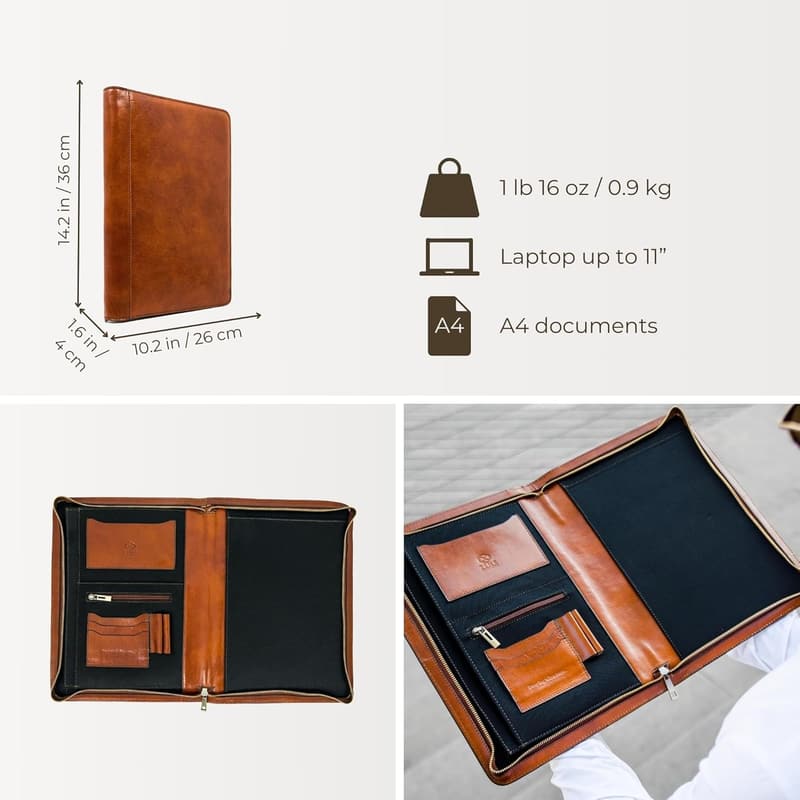 Italian Handcrafted A4 Leather Portfolio - Cognac Brown Gift Boxed