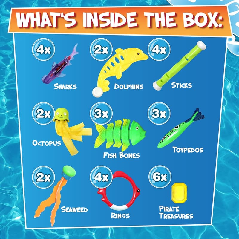 Swimming Pool Dive Toys for Kids, 30 Pcs with Storage Bag