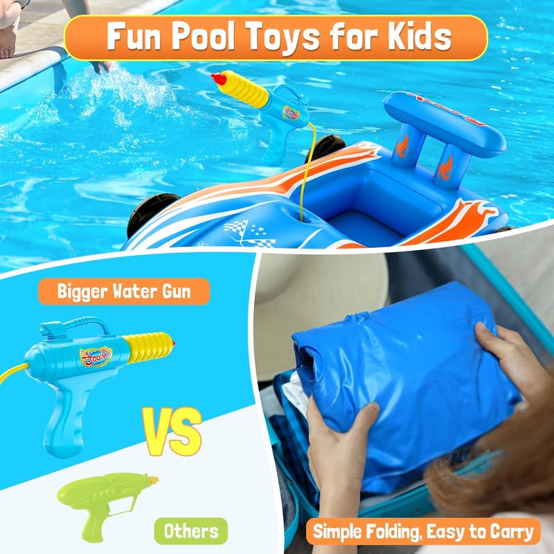 Inflatable Race Car Pool Float with Water Gun for Kids 4-8